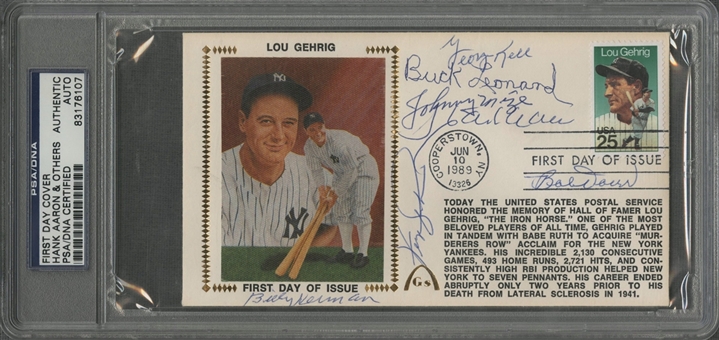1989 Lou Gehrig Multi-Signed First Day Cover With 7 Signatures Including Aaron & Doerr (PSA/DNA)